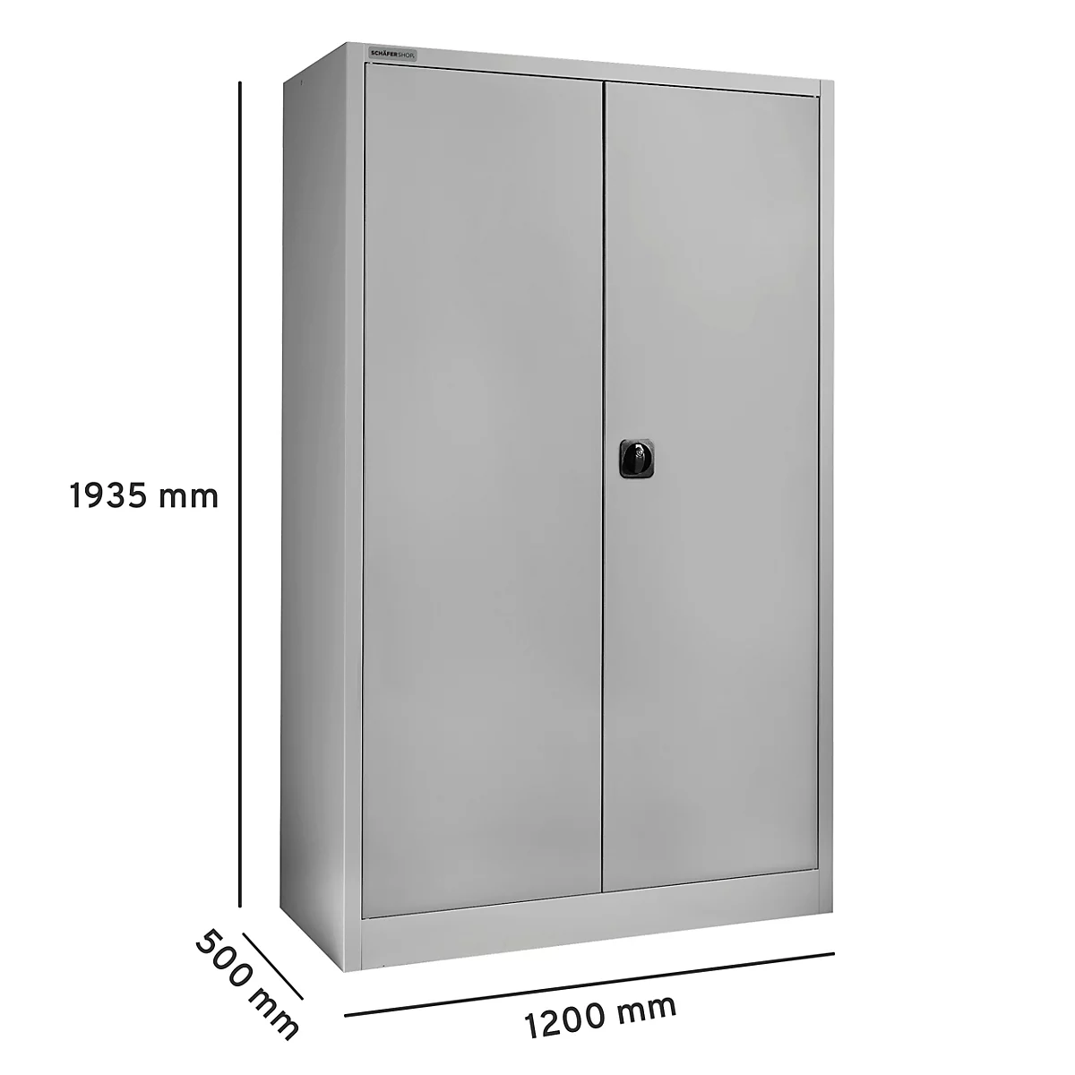 Grauer Stahlschrank mit zwei Türen, schwarzem Griff und Maßangaben.