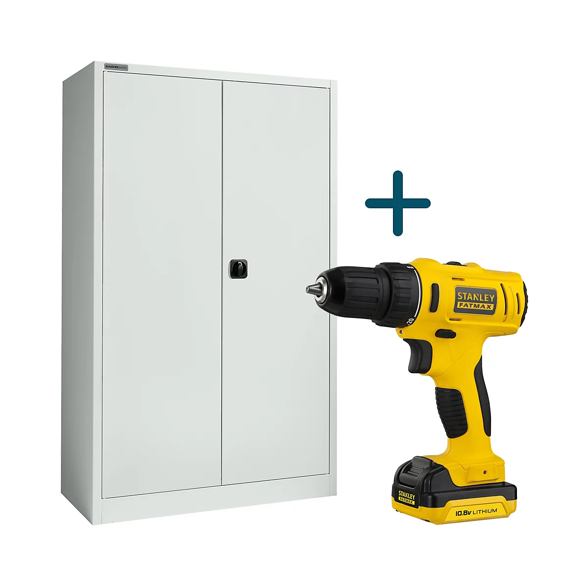 Hellgrauer Aktenschrank mit Bohrmaschine. Symbolisiert eine Kombination aus Ordnung und Werkzeug.