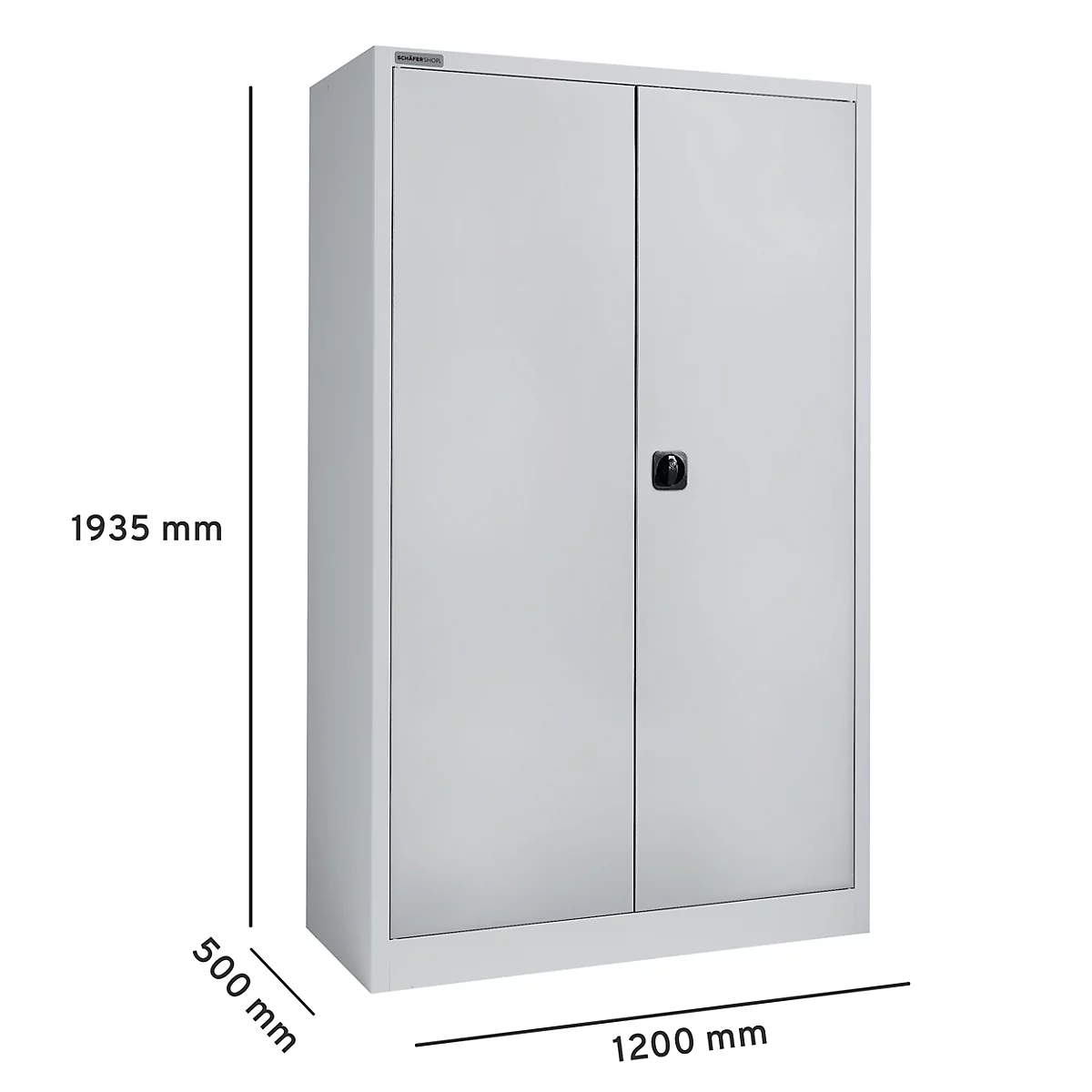 Hellgrauer Aktenschrank mit Doppeltüren und schwarzem Griff. Die Masse sind angegeben: 1935 mm hoch, 500 mm tief, 1200 mm breit.