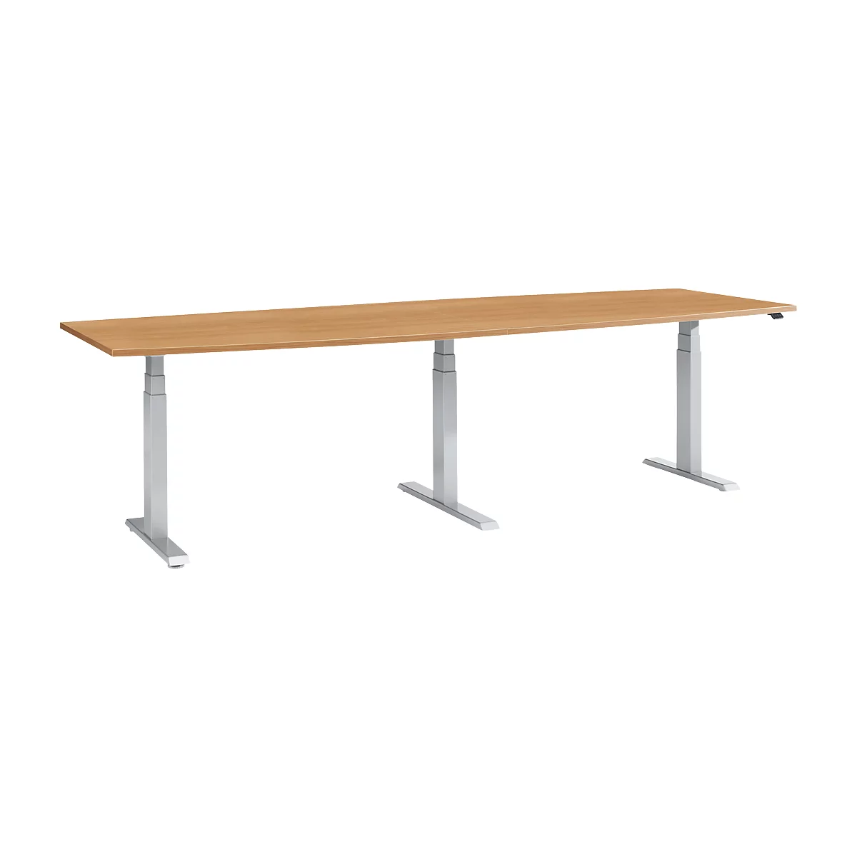 Long, rectangular, height-adjustable desk with a light wood look, gray legs and a gray base.