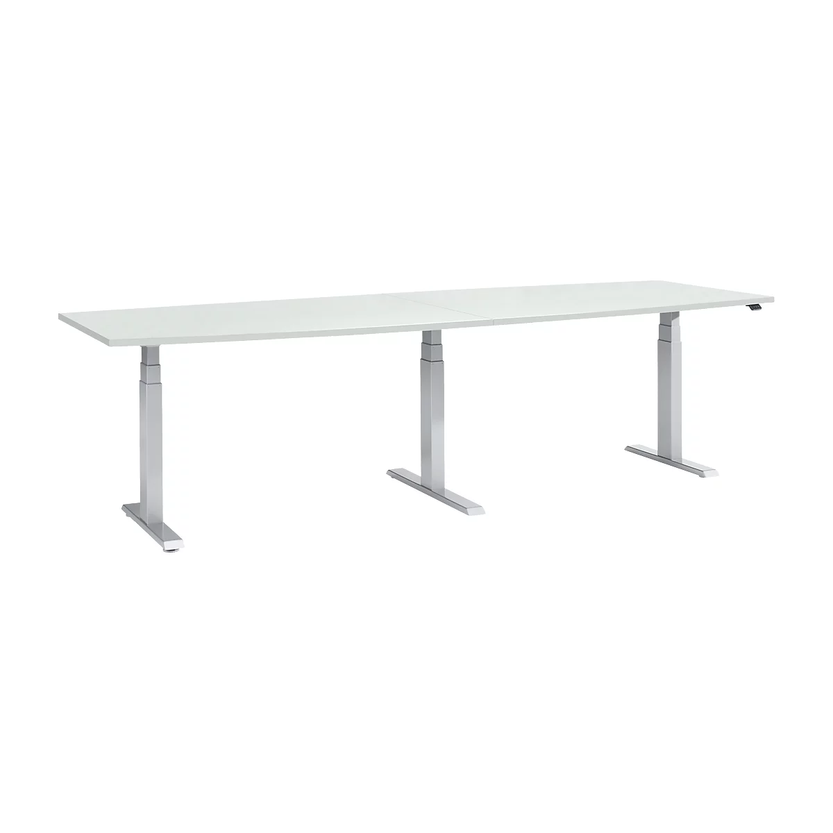 Long, white standing desk with three silver legs. The desk frame is height adjustable.