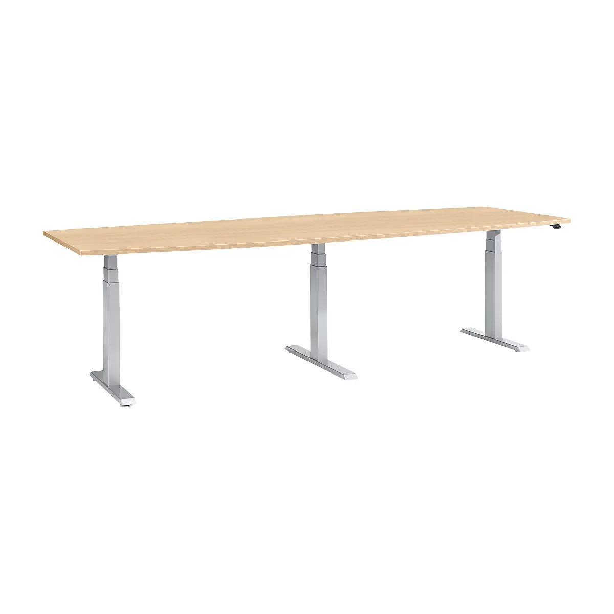 A height-adjustable desk with a light wood top and silver legs, seen from the front.