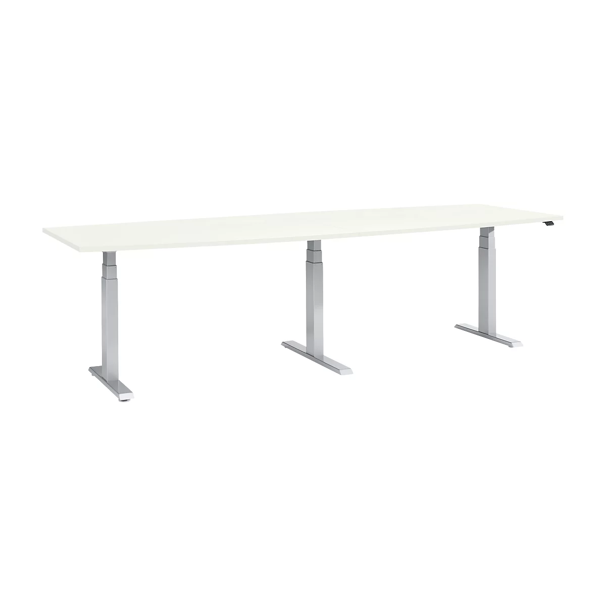 White, long desk with three height-adjustable, silver legs.