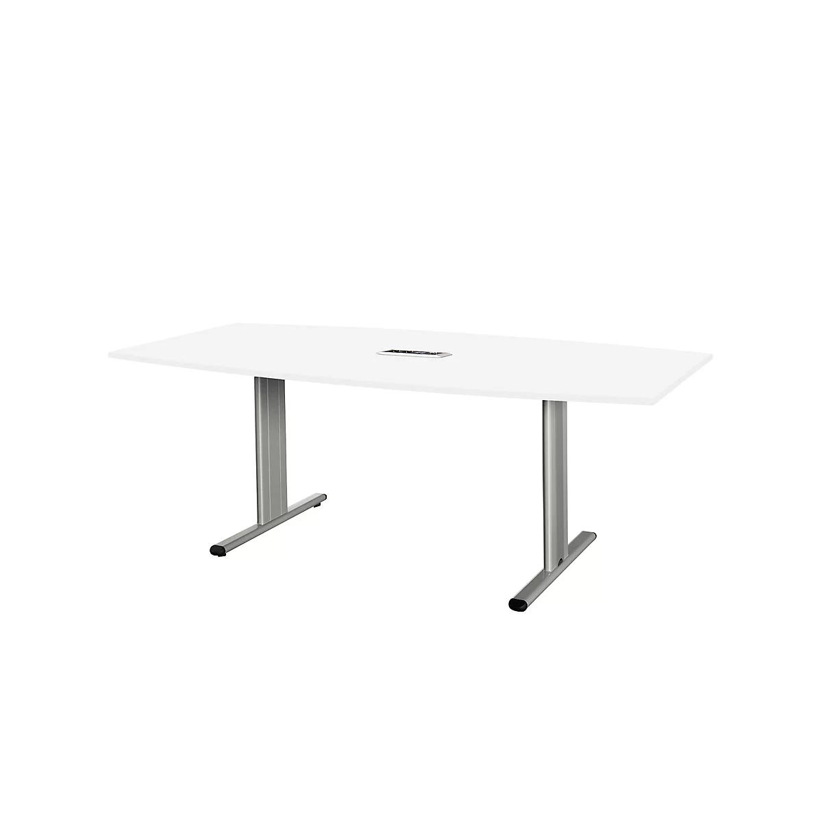 White rectangular conference table with two silver support legs.