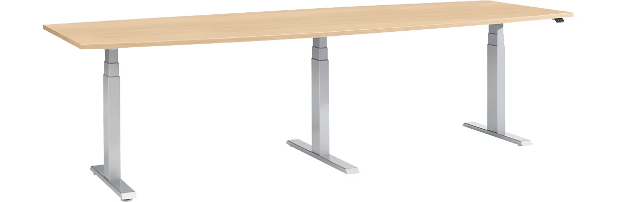 Schäfer Shop Select Mesa de reuniones, ajustable en altura eléctr., forma de tonel, pata en T, An 2800 x P 800/1000 x Al 640-1300 mm, arce/aluminio blanco