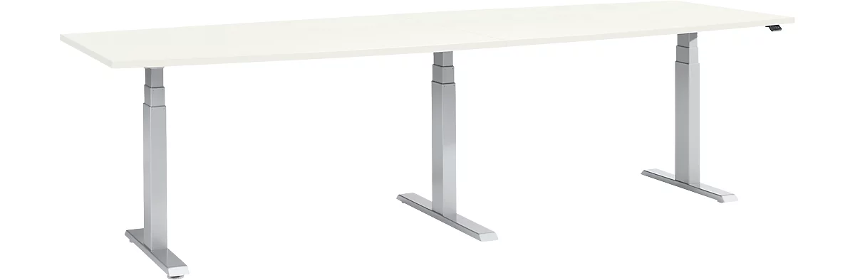 Schäfer Shop Select Mesa de reuniones, ajustable en altura eléctr., forma de tonel, pata en T, An 2800 x P 800/1000 x Al 640-1300 mm, blanco/aluminio blanco