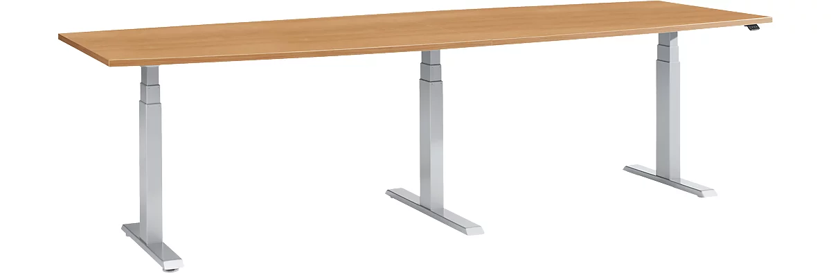 Schäfer Shop Select Mesa de reuniones, ajustable en altura eléctr., forma de tonel, pata en T, An 2800 x P 800/1000 x Al 640-1300 mm, haya/aluminio blanco