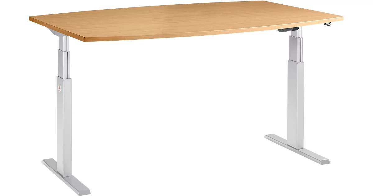 Schäfer Shop Select Mesa de reuniones ERGO-T, pata en T, forma de barca, ajustable en altura eléctr. 2 niveles, An 2000 x Al 645-1305 mm, haya 
