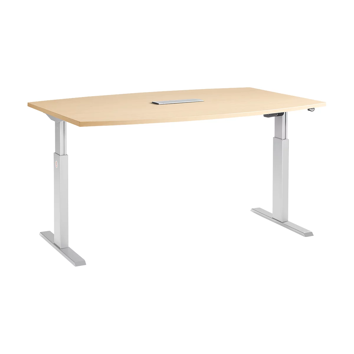 Schäfer Shop Select Mesa de reuniones ERGO-T, pata en T, forma de barca, módulo de conexiones, ajustable en altura eléctr. 1 nivel, An 2000x Al 718-1188 mm, arce 