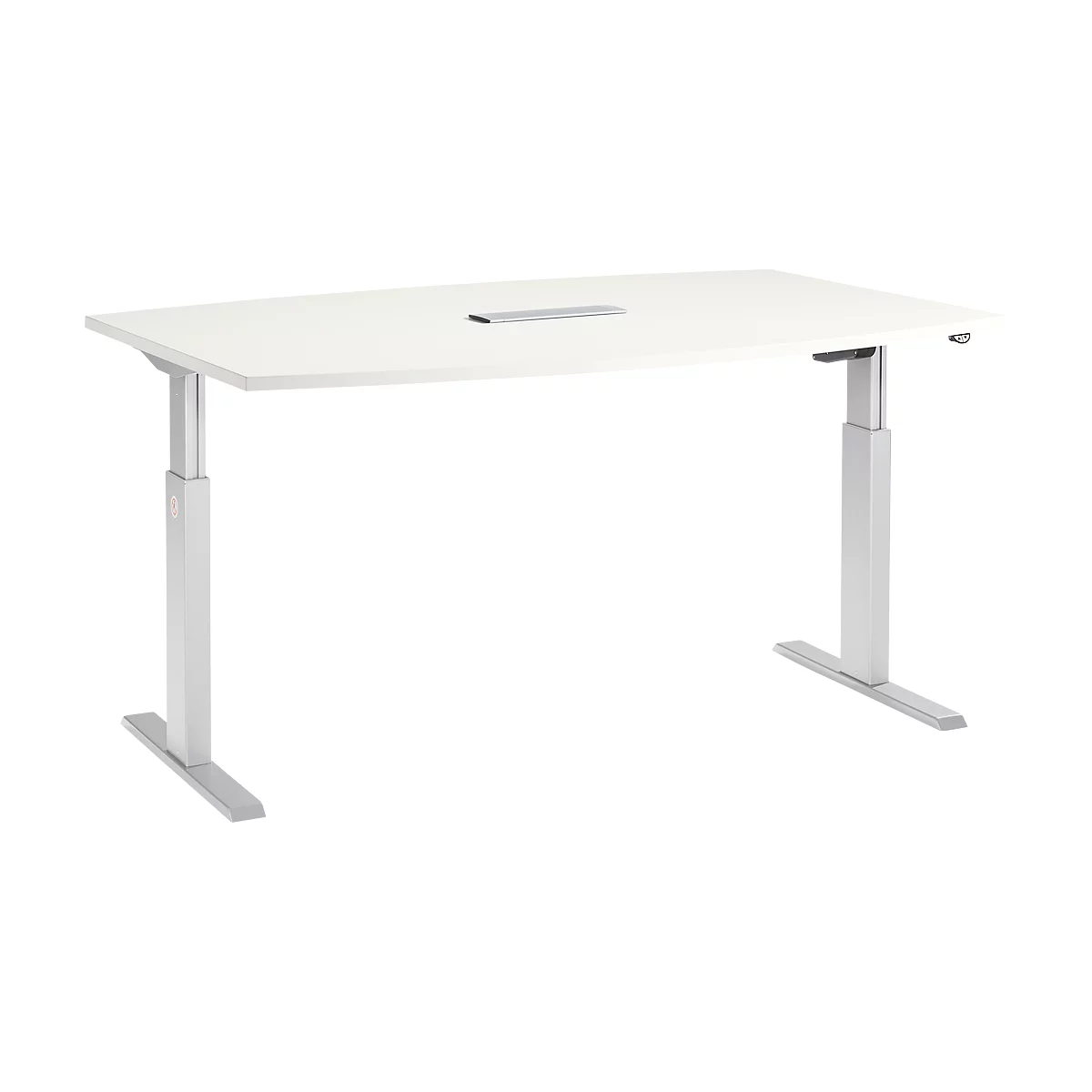 Schäfer Shop Select Mesa de reuniones ERGO-T, pata en T, forma de barca, módulo de conexiones, ajustable en altura eléctr. 1 nivel, An 2000x Al 718-1188 mm, blanco 