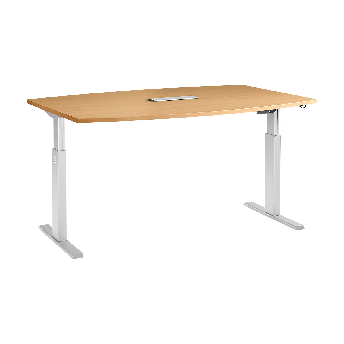 Schäfer Shop Select Mesa de reuniones ERGO-T, pata en T, forma de barca, módulo de conexiones, ajustable en altura eléctr. 1 nivel, An 2000x Al 718-1188 mm, haya 