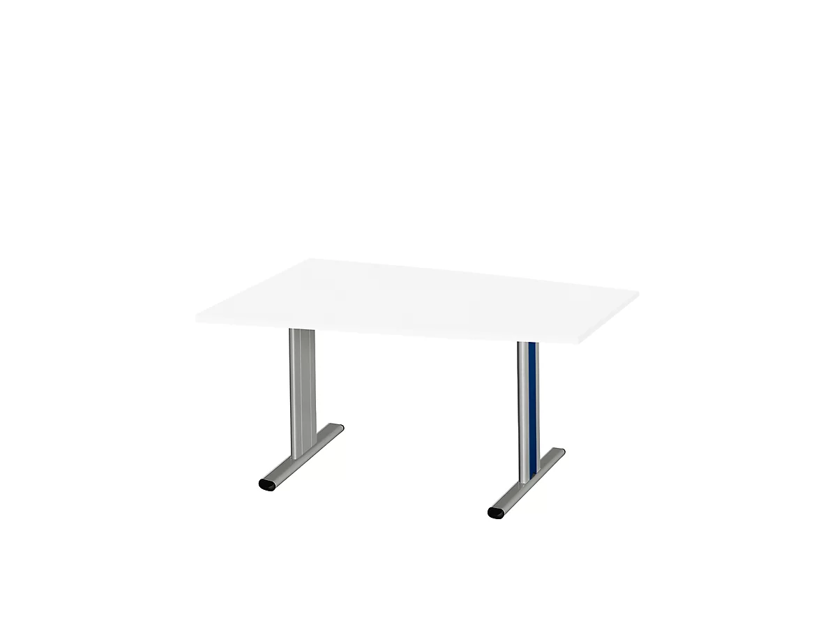 Schäfer Shop Select Mesa de reuniones Planova, forma de tonel, 1400 x 800/1000 mm, blanco, molduras decorativas azul genciana