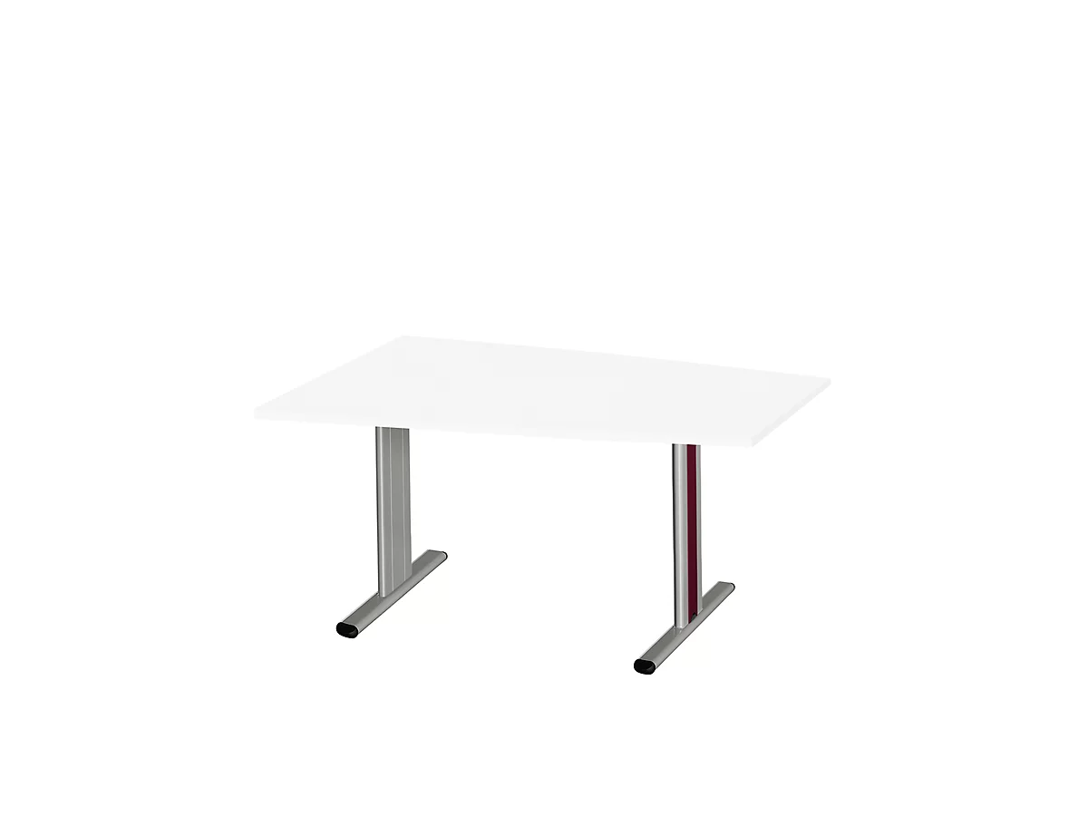 Schäfer Shop Select Mesa de reuniones Planova, forma de tonel, 1400 x 800/1000 mm, blanco, molduras decorativas burdeos violeta