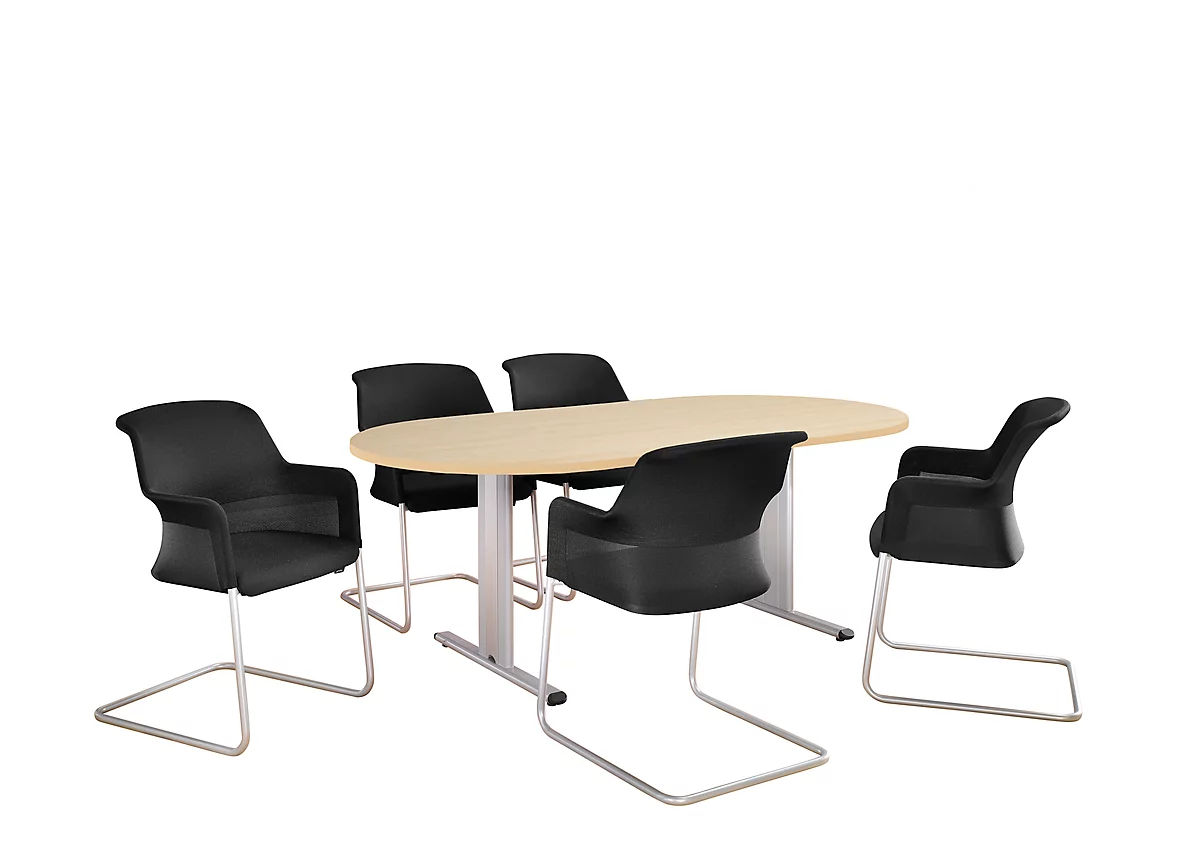 Schäfer Shop Select Mesa de reuniones Planova, ovalada, 2000 x 1000 mm, acabado en arce, molduras decorativas aluminio blanco 