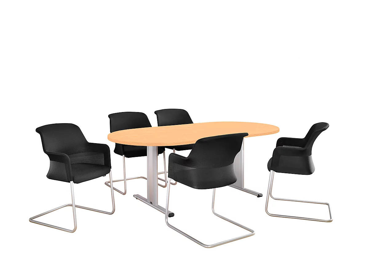 Schäfer Shop Select Mesa de reuniones Planova, ovalada, 2000 x 1000 mm, acabado en haya, molduras decorativas aluminio blanco 