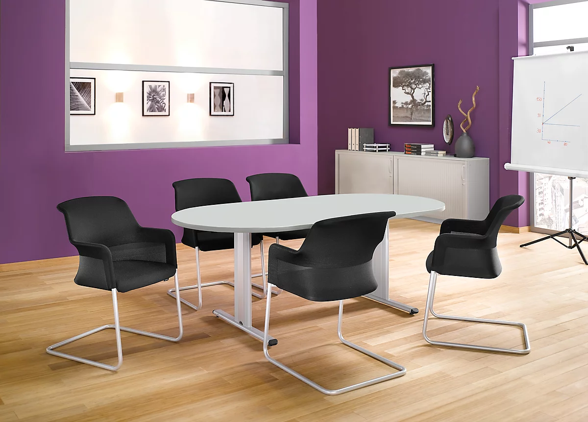 Schäfer Shop Select Mesa de reuniones Planova, ovalada, 2000 x 1000 mm, gris luminoso, molduras decorativas aluminio blanco 