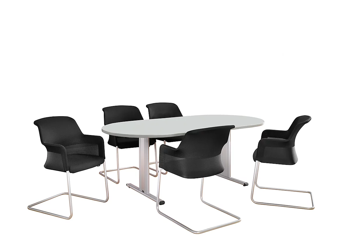 Schäfer Shop Select Mesa de reuniones Planova, ovalada, 2000 x 1000 mm, gris luminoso, molduras decorativas aluminio blanco 