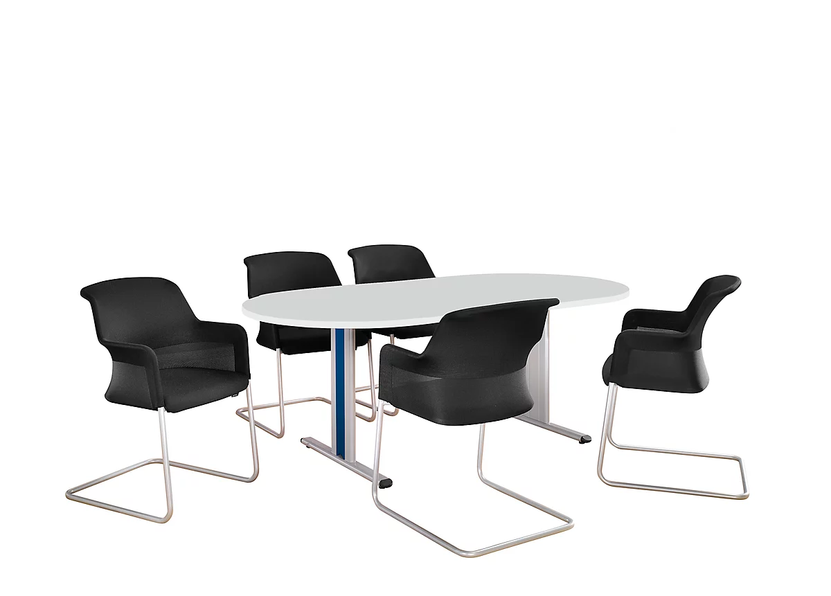 Schäfer Shop Select Mesa de reuniones Planova, ovalada, 2000 x 1000 mm, gris luminoso, molduras decorativas azul genciana 