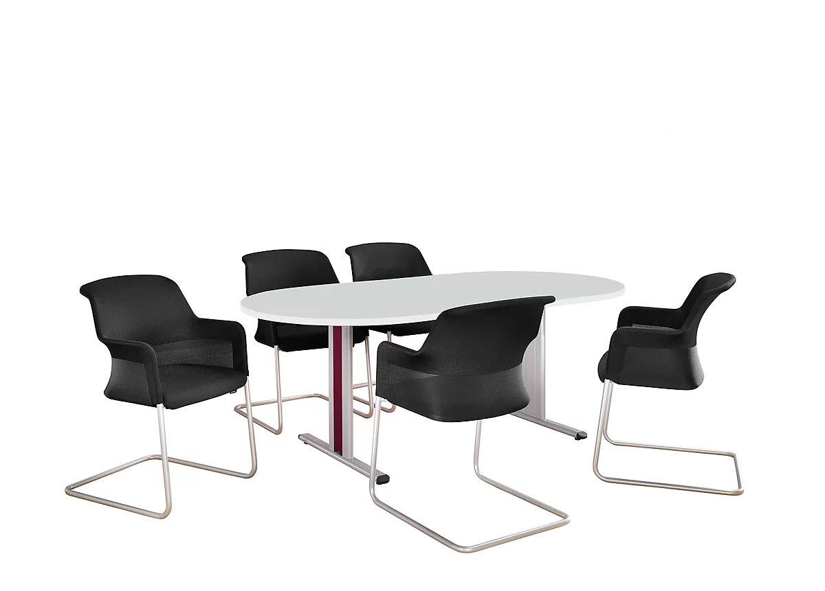 Schäfer Shop Select Mesa de reuniones Planova, ovalada, 2000 x 1000 mm, gris luminoso, molduras decorativas burdeos violeta 