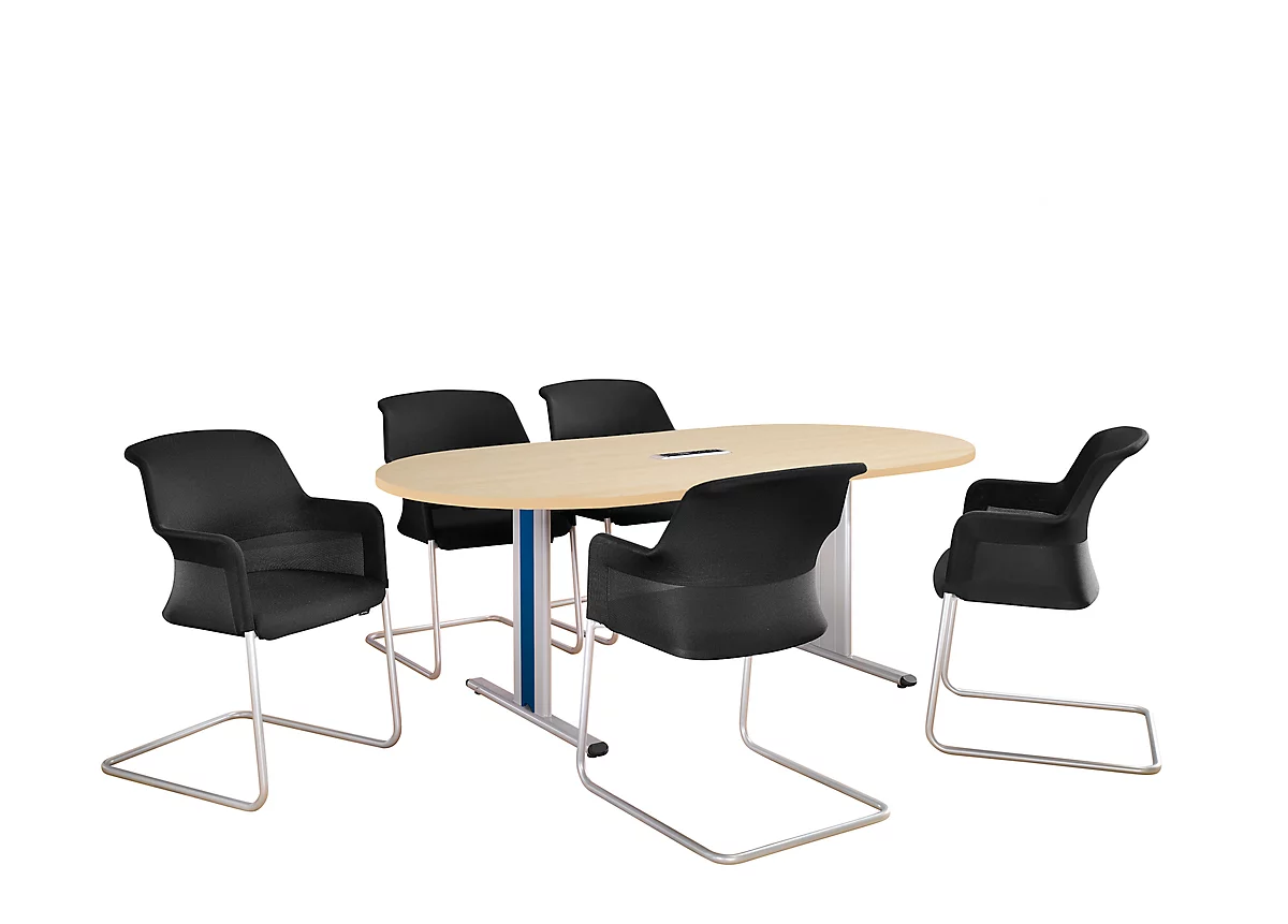Schäfer Shop Select Mesa de reuniones Planova, ovalada incl. módulo de conexiones, 2000 x 1000 mm, acabado en arce, molduras decorativas azul genciana