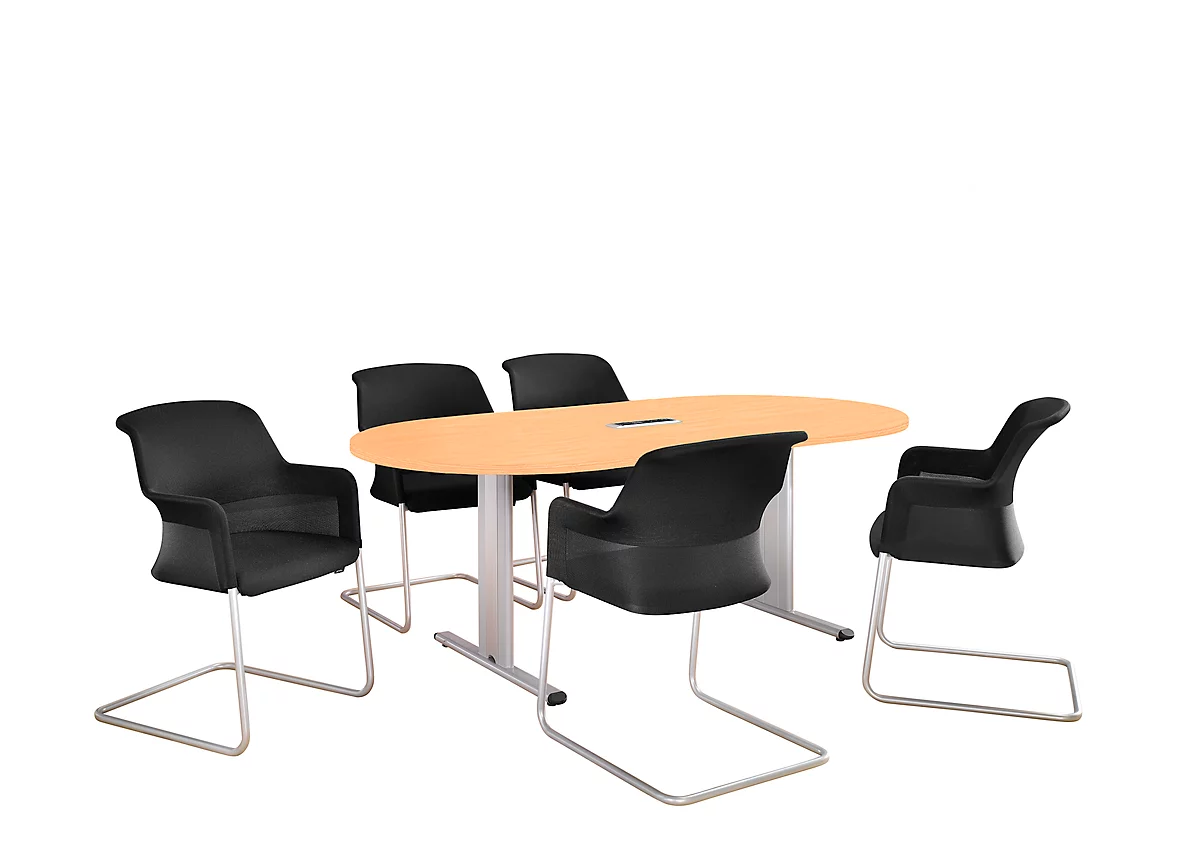 Schäfer Shop Select Mesa de reuniones Planova, ovalada incl. módulo de conexiones, 2000 x 1000 mm, acabado en haya, molduras decorativas aluminio blanco