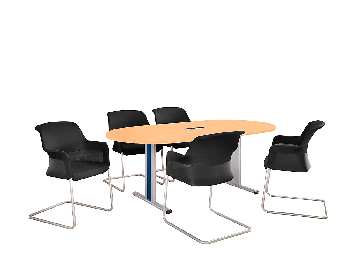 Schäfer Shop Select Mesa de reuniones Planova, ovalada incl. módulo de conexiones, 2000 x 1000 mm, acabado en haya, molduras decorativas azul genciana