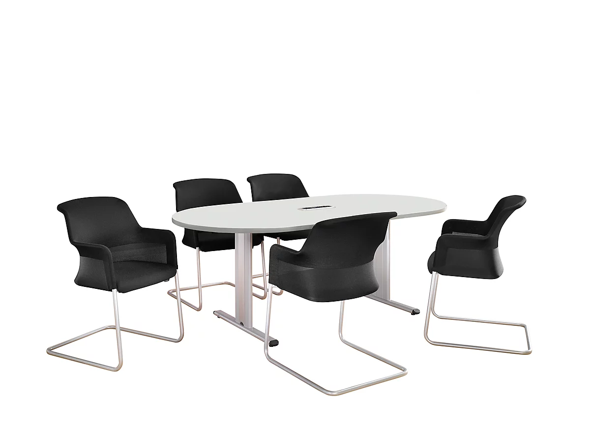 Schäfer Shop Select Mesa de reuniones Planova, ovalada incl. módulo de conexiones, 2000 x 1000 mm, blanco, molduras decorativas aluminio blanco