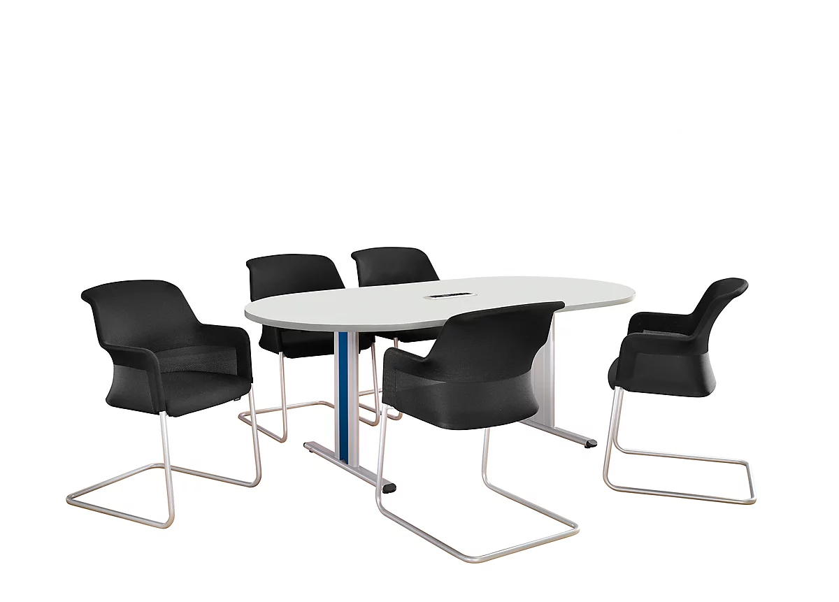 Schäfer Shop Select Mesa de reuniones Planova, ovalada incl. módulo de conexiones, 2000 x 1000 mm, blanco, molduras decorativas azul genciana