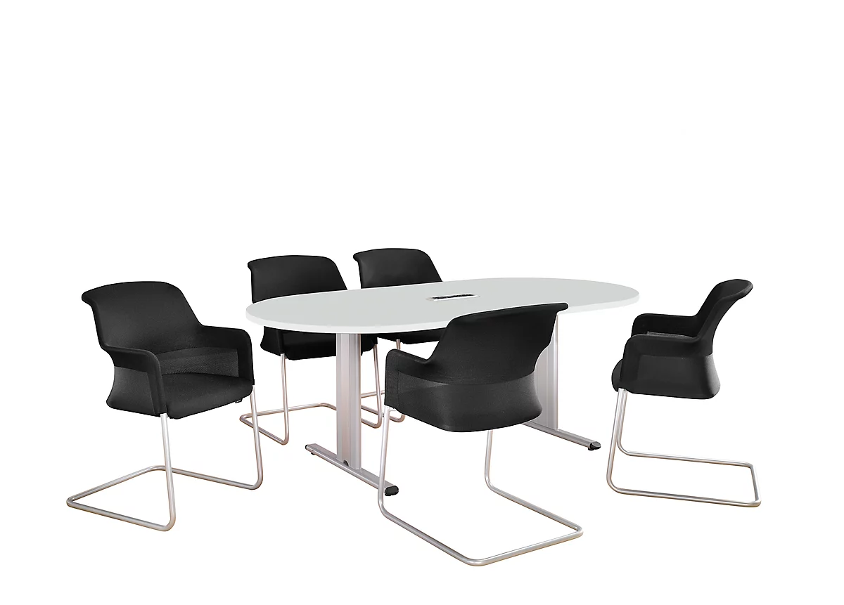 Schäfer Shop Select Mesa de reuniones Planova, ovalada incl. módulo de conexiones, 2000 x 1000 mm, gris luminoso, molduras decorativas aluminio blanco