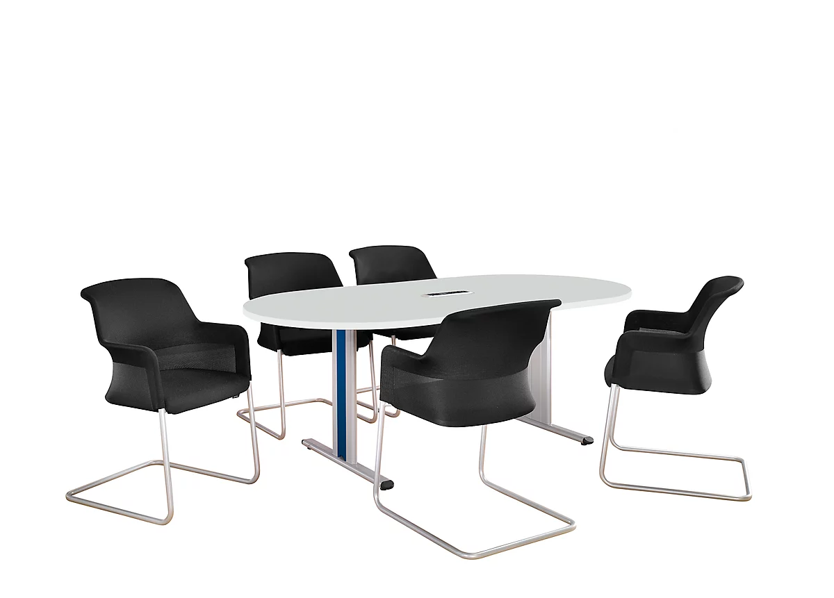 Schäfer Shop Select Mesa de reuniones Planova, ovalada incl. módulo de conexiones, 2000 x 1000 mm, gris luminoso, molduras decorativas azul genciana