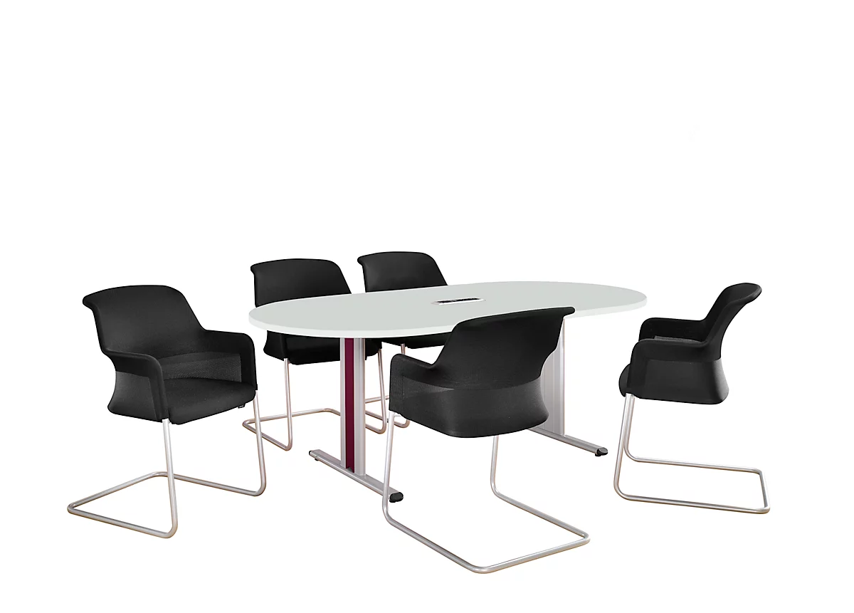 Schäfer Shop Select Mesa de reuniones Planova, ovalada incl. módulo de conexiones, 2000 x 1000 mm, gris luminoso, molduras decorativas burdeos violeta
