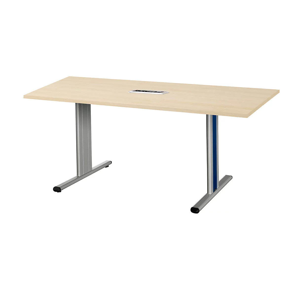 Schäfer Shop Select Mesa de reuniones Planova, rectangular incl. módulo de conexiones, 1600 x 800 mm, acabado en arce, molduras decorativas azul genciana