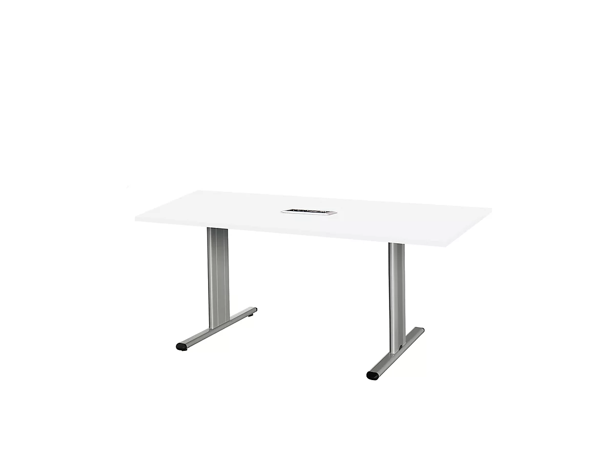Schäfer Shop Select Mesa de reuniones Planova, rectangular incl. módulo de conexiones, 1600 x 800 mm, blanco, molduras decorativas aluminio blanco