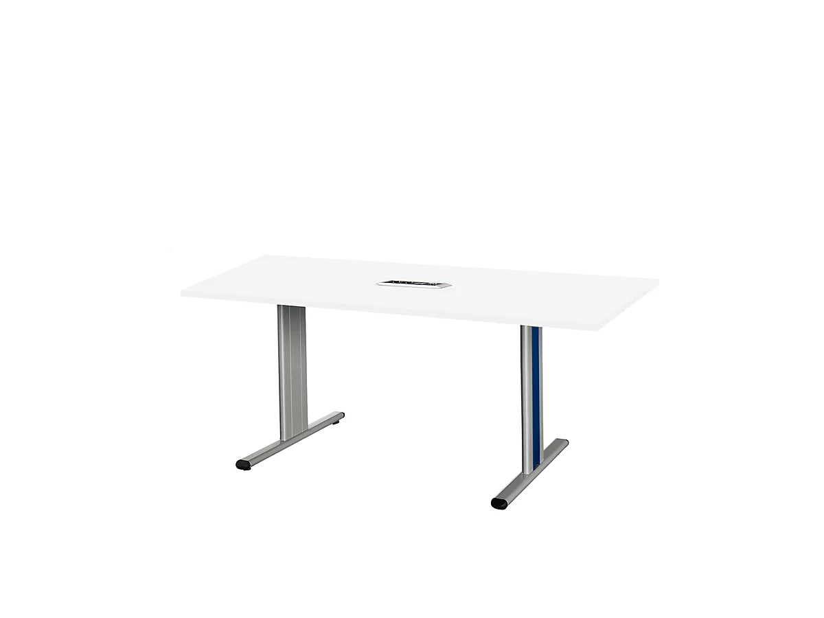 Schäfer Shop Select Mesa de reuniones Planova, rectangular incl. módulo de conexiones, 1600 x 800 mm, blanco, molduras decorativas azul genciana