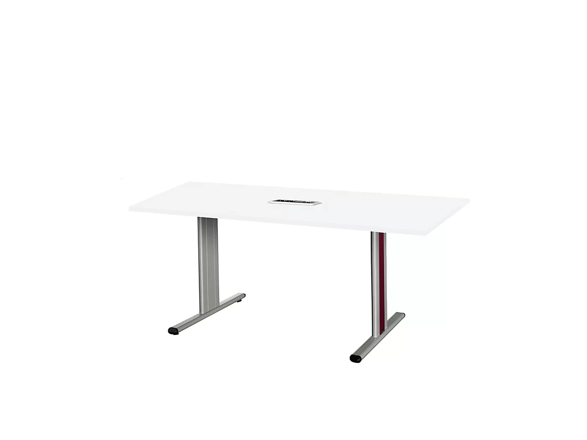 Schäfer Shop Select Mesa de reuniones Planova, rectangular incl. módulo de conexiones, 1600 x 800 mm, blanco, molduras decorativas burdeos violeta