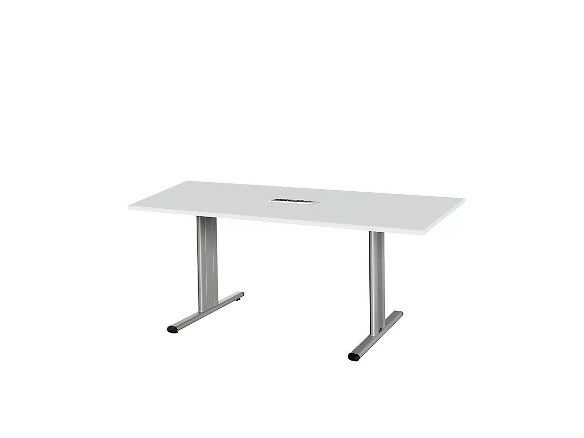 Schäfer Shop Select Mesa de reuniones Planova, rectangular incl. módulo de conexiones, 1600 x 800 mm, gris luminoso, molduras decorativas aluminio blanco
