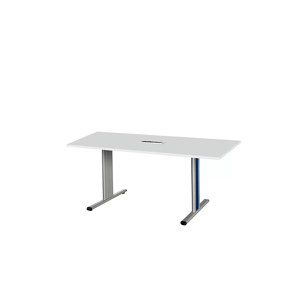 Schäfer Shop Select Mesa de reuniones Planova, rectangular incl. módulo de conexiones, 1600 x 800 mm, gris luminoso, molduras decorativas azul genciana