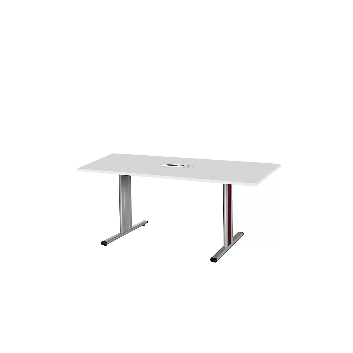 Schäfer Shop Select Mesa de reuniones Planova, rectangular incl. módulo de conexiones, 1600 x 800 mm, gris luminoso, molduras decorativas burdeos violeta