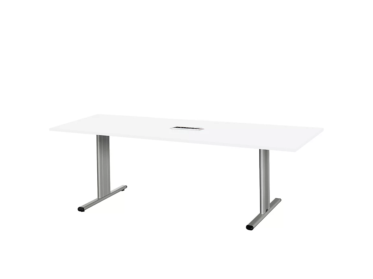 Schäfer Shop Select Mesa de reuniones Planova, rectangular incl. módulo de conexiones, 2000 x 800 mm, blanco, molduras decorativas aluminio blanco