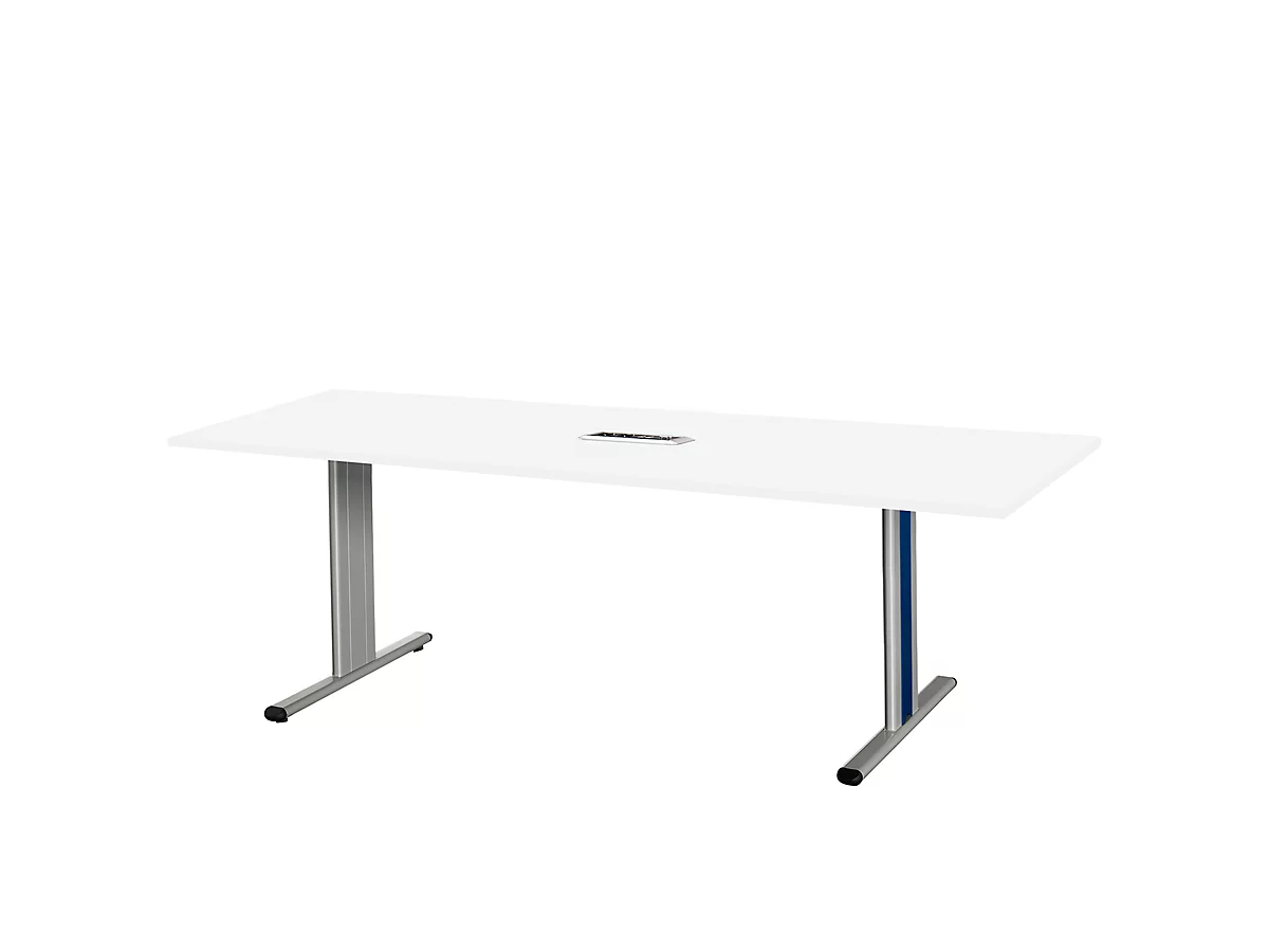 Schäfer Shop Select Mesa de reuniones Planova, rectangular incl. módulo de conexiones, 2000 x 800 mm, blanco, molduras decorativas azul genciana
