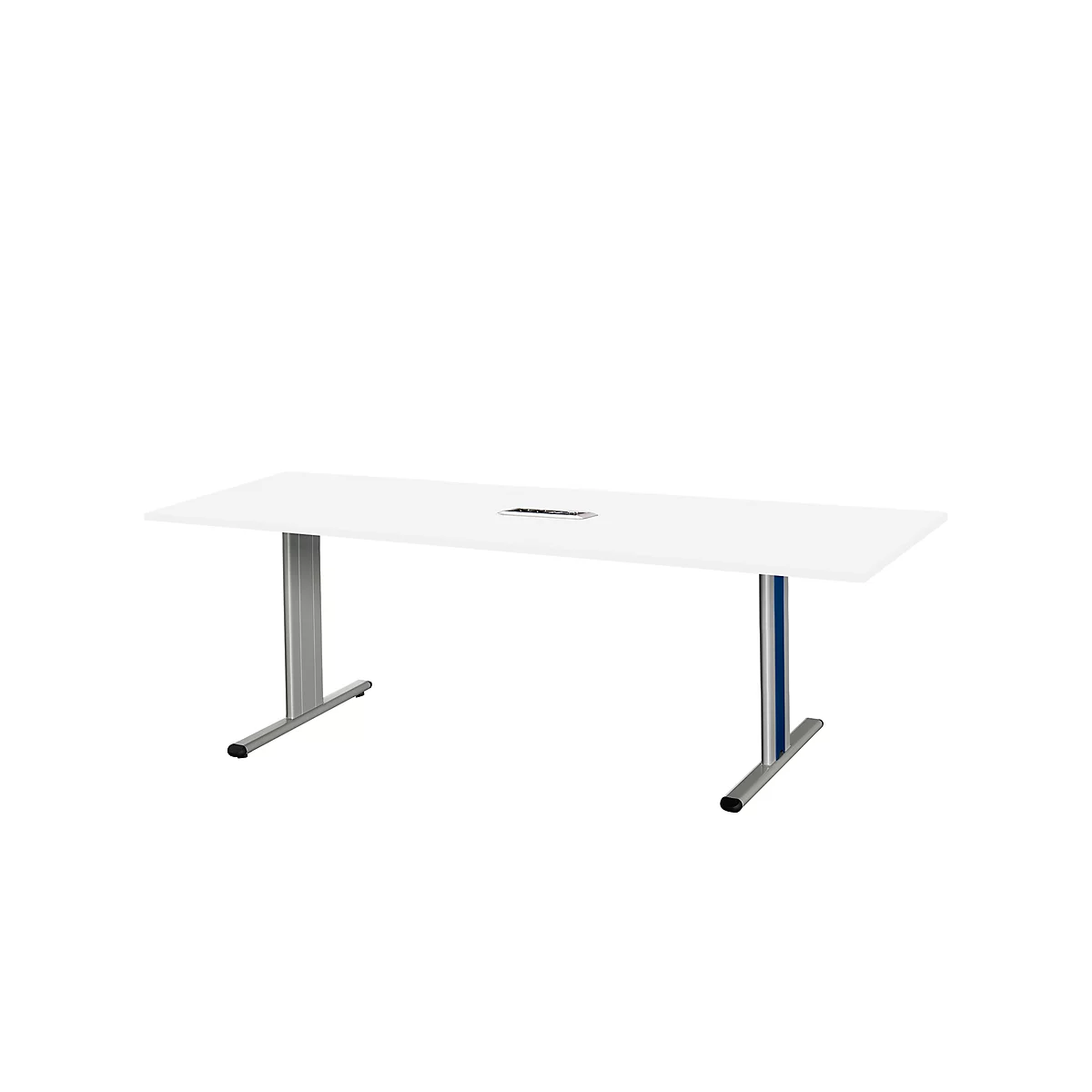 Schäfer Shop Select Mesa de reuniones Planova, rectangular incl. módulo de conexiones, 2000 x 800 mm, blanco, molduras decorativas azul genciana