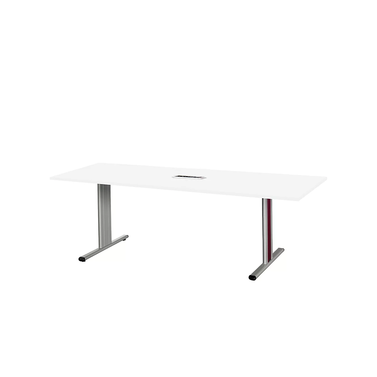 Schäfer Shop Select Mesa de reuniones Planova, rectangular incl. módulo de conexiones, 2000 x 800 mm, blanco, molduras decorativas burdeos violeta