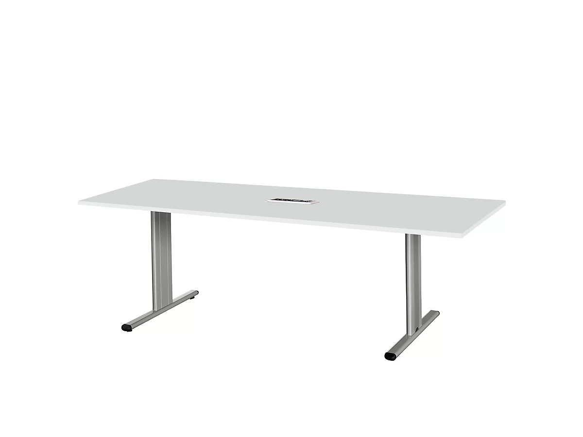 Schäfer Shop Select Mesa de reuniones Planova, rectangular incl. módulo de conexiones, 2000 x 800 mm, gris luminoso, molduras decorativas aluminio blanco