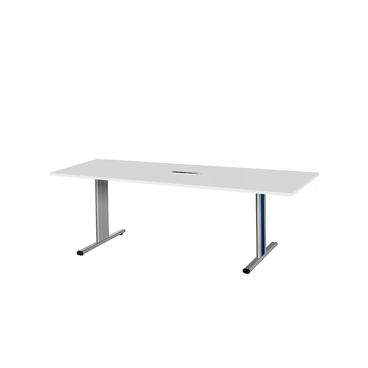 Schäfer Shop Select Mesa de reuniones Planova, rectangular incl. módulo de conexiones, 2000 x 800 mm, gris luminoso, molduras decorativas azul genciana