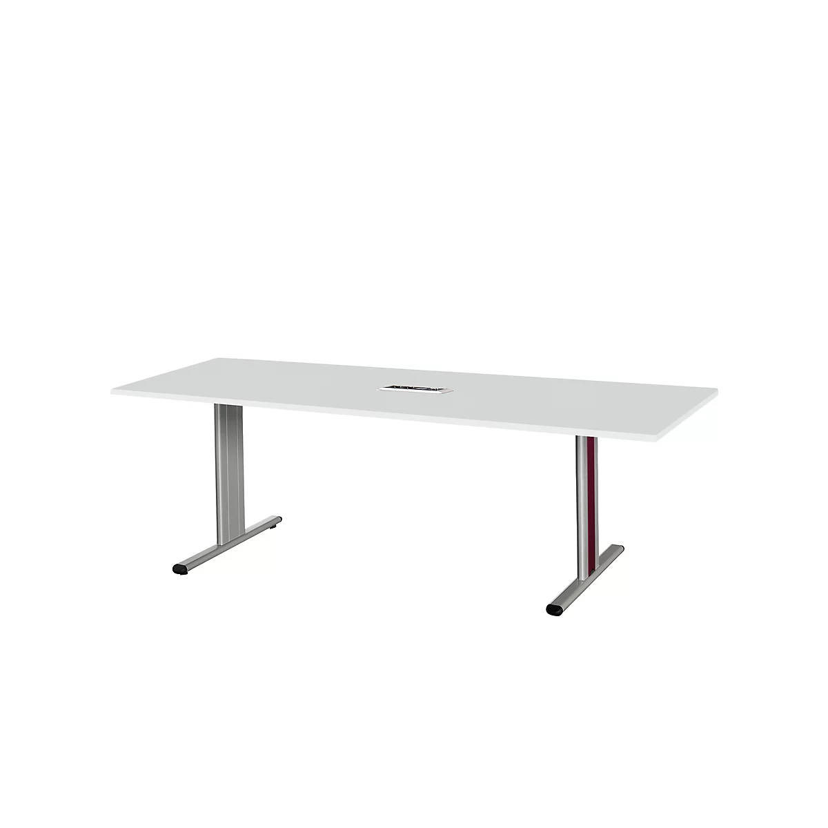 Schäfer Shop Select Mesa de reuniones Planova, rectangular incl. módulo de conexiones, 2000 x 800 mm, gris luminoso, molduras decorativas burdeos violeta