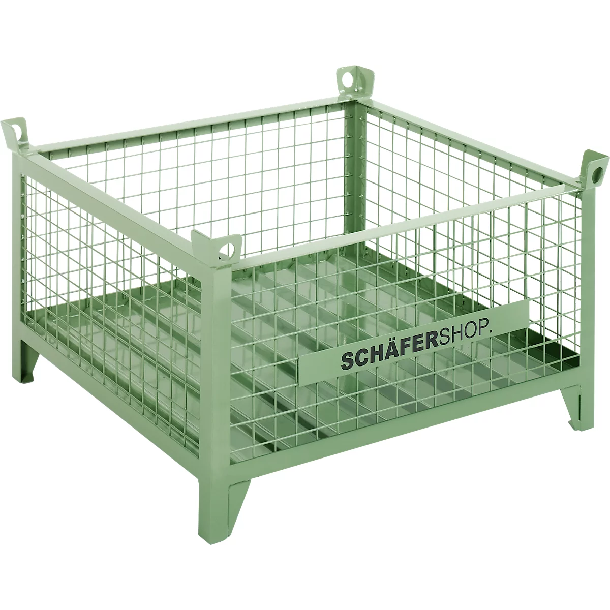 A square, light green metal basket with wire mesh and feet, bearing the inscription SCHÄFERSHOP.