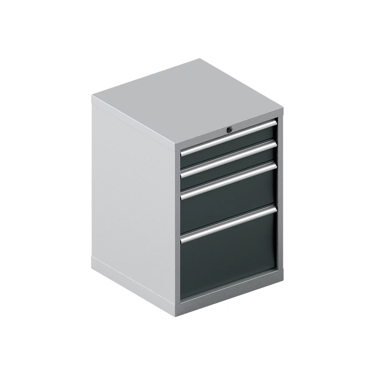 Armoire à outils grise avec quatre tiroirs. Poignées en métal. Fond neutre.