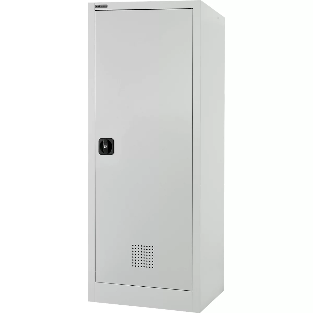 Grijze stalen kast met deur, handvat en ventilatiesleuven. De kast staat tegen een witte achtergrond.