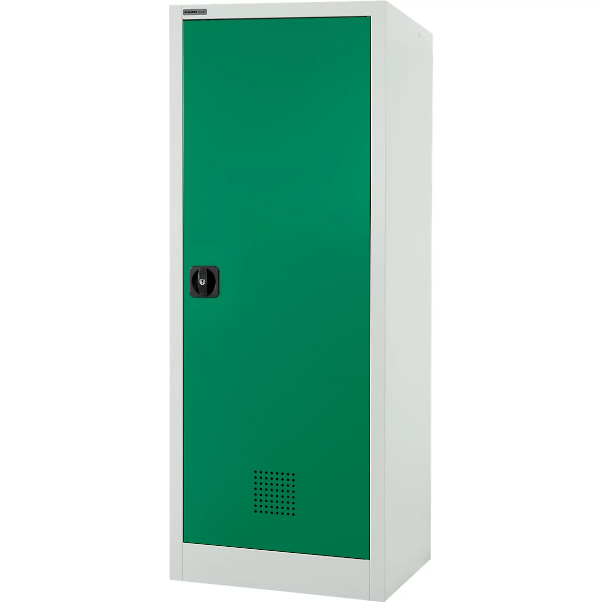 Een groene stalen kast met een wit frame, een zwarte handgreep en een ventilatierooster.