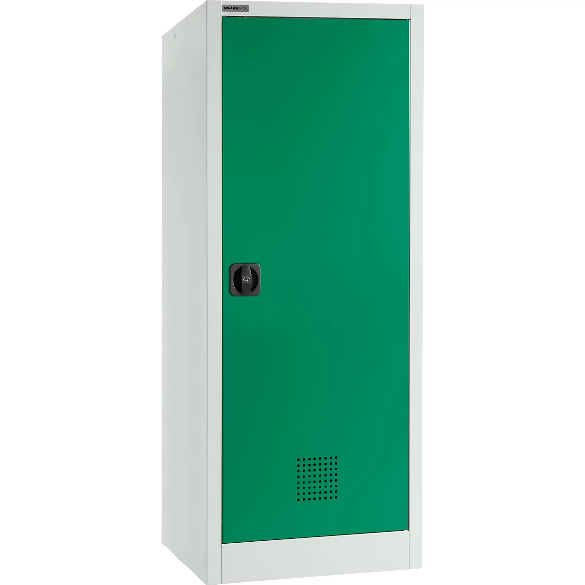 Een groene locker met een witte rand, een zwarte handgreep en een ventilatierooster.